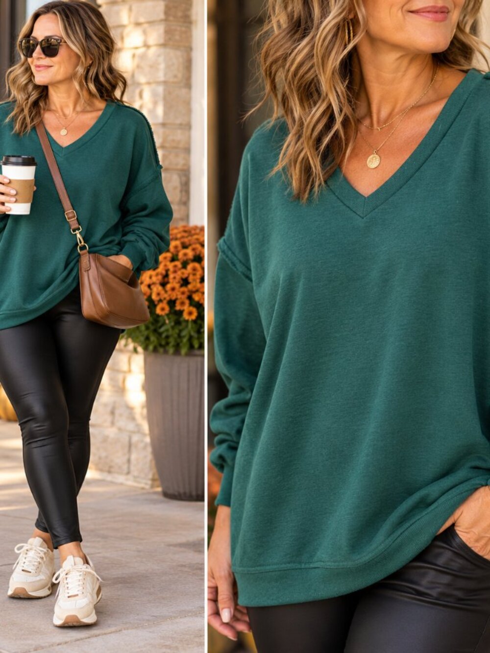 Halara Teal Green Oversized V Neck Sweatshirt Raw Seam Relaxed Cozy Athleisure